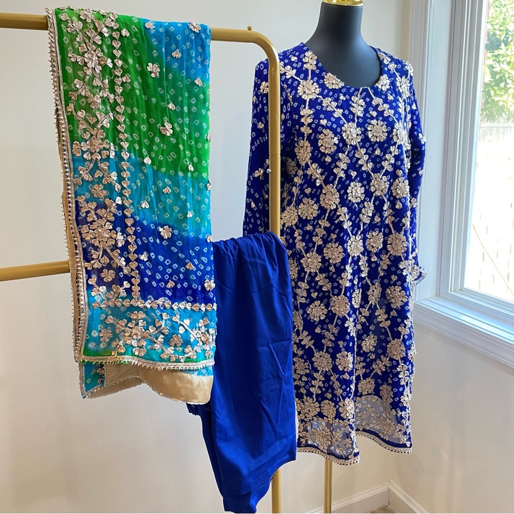 Blue and Green Embroidered Shalwar Kameez